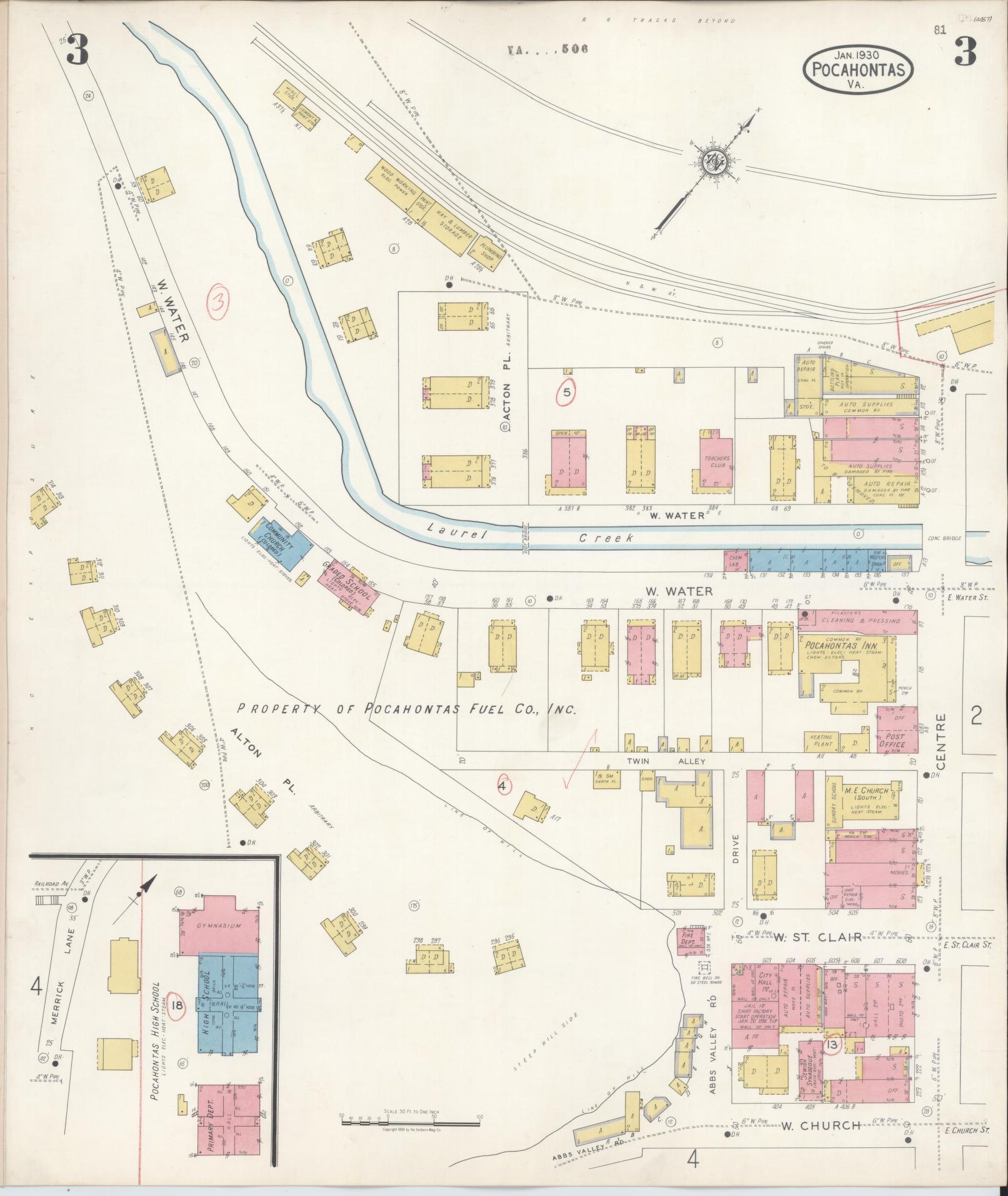 Sanborn Fire Insurance Map from Pocahontas, Tazewell County, Virginia (1930), Sheet #0003 - Complete Map Set gallery image, historic Sanborn map, vintage wall art, Virginia Virginia