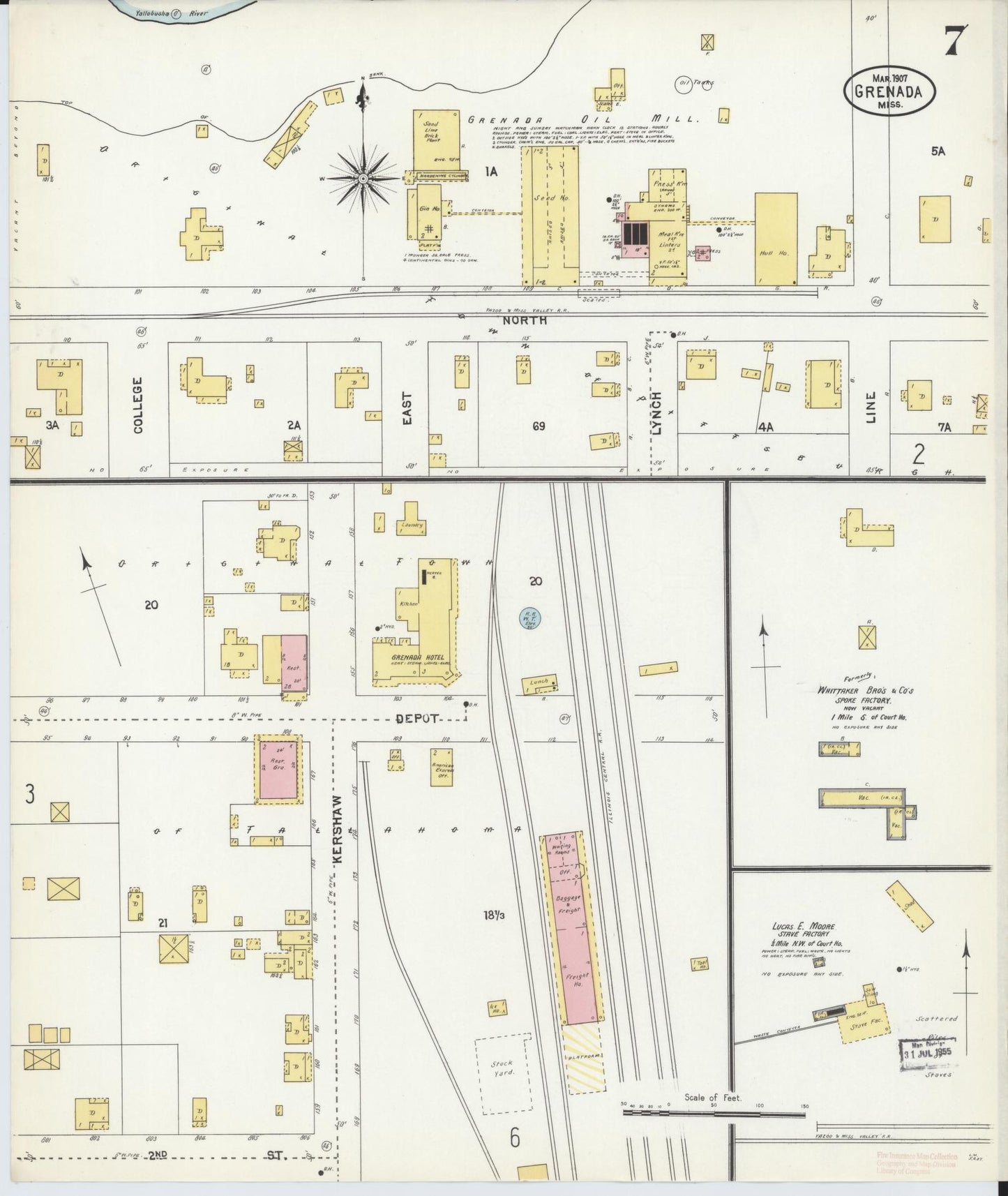 Sanborn Fire Insurance Map from Grenada, Grenada County, Mississippi (1907), Sheet #0007 - Historic Sanborn Fire Insurance Map Print, vintage old map wall art, antique decor, genealogy gift, Mississippi Mississippi map