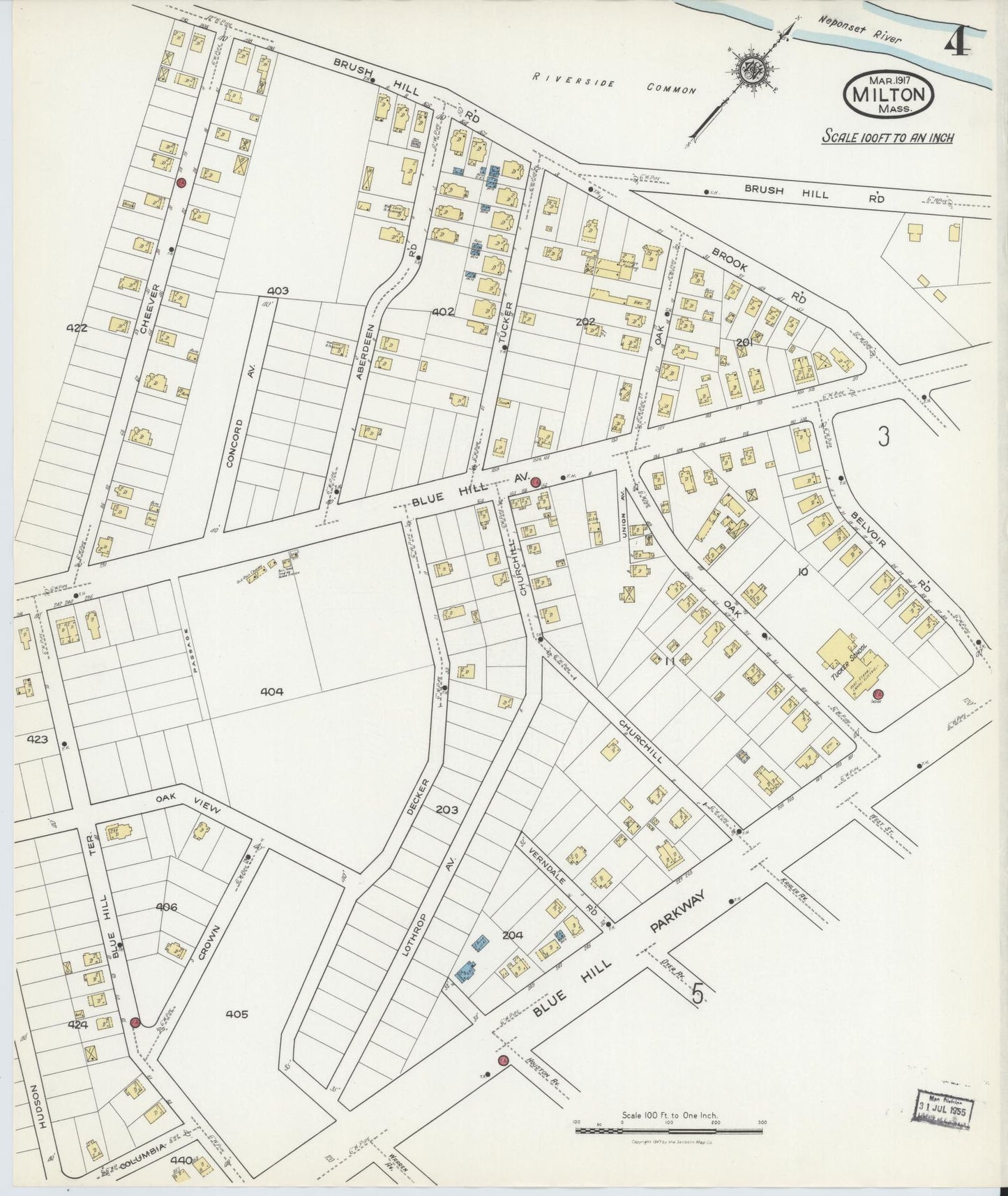 Sanborn Fire Insurance Map from Milton, Norfolk County, Massachusetts (1917), Sheet #0004 - Historic Sanborn Fire Insurance Map Print, vintage old map wall art, antique decor, genealogy gift, Massachusetts Massachusetts map