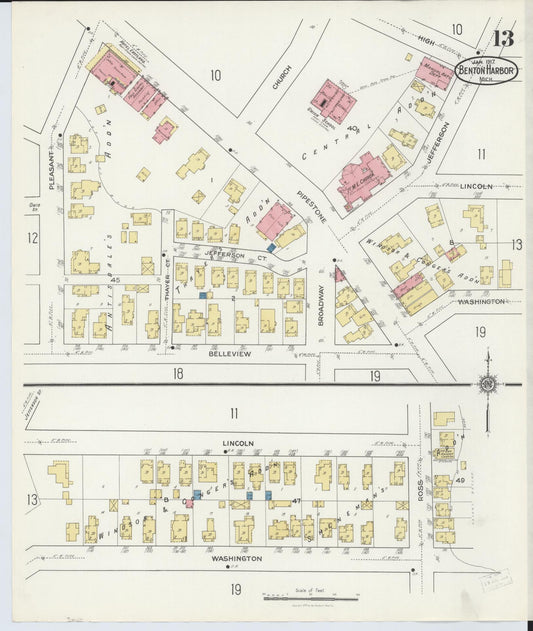 Sanborn Fire Insurance Map from Benton Harbor, Berrien County, Michigan (1917), Sheet #0013 - Historic Sanborn Fire Insurance Map Print, vintage old map wall art, antique decor, genealogy gift, Michigan Michigan map