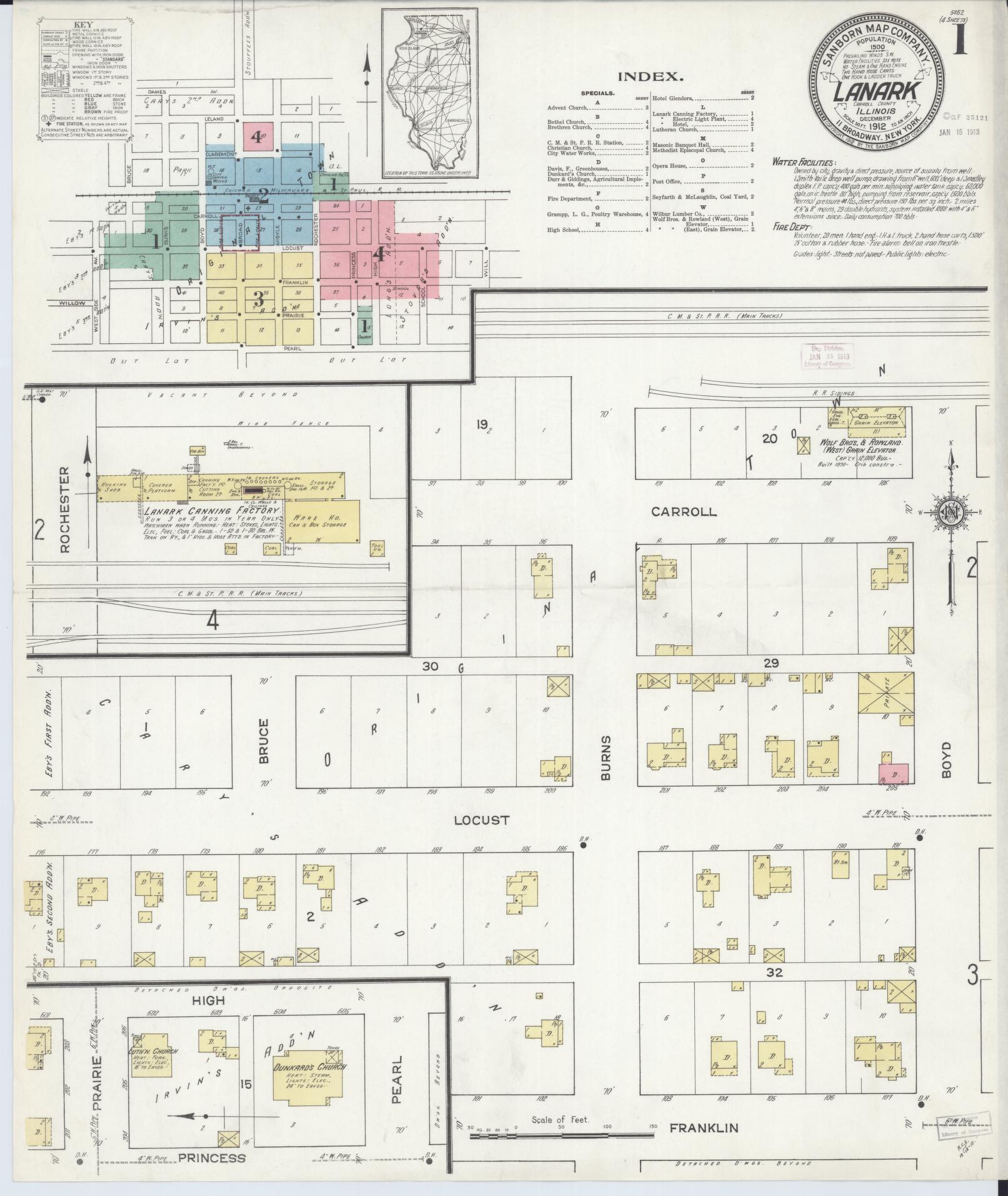 Sanborn Fire Insurance Map from Lanark, Carroll County, Illinois (1912), Sheet #0001 - Historic Sanborn Fire Insurance Map Print, vintage old map wall art, antique decor, genealogy gift, Illinois Illinois map