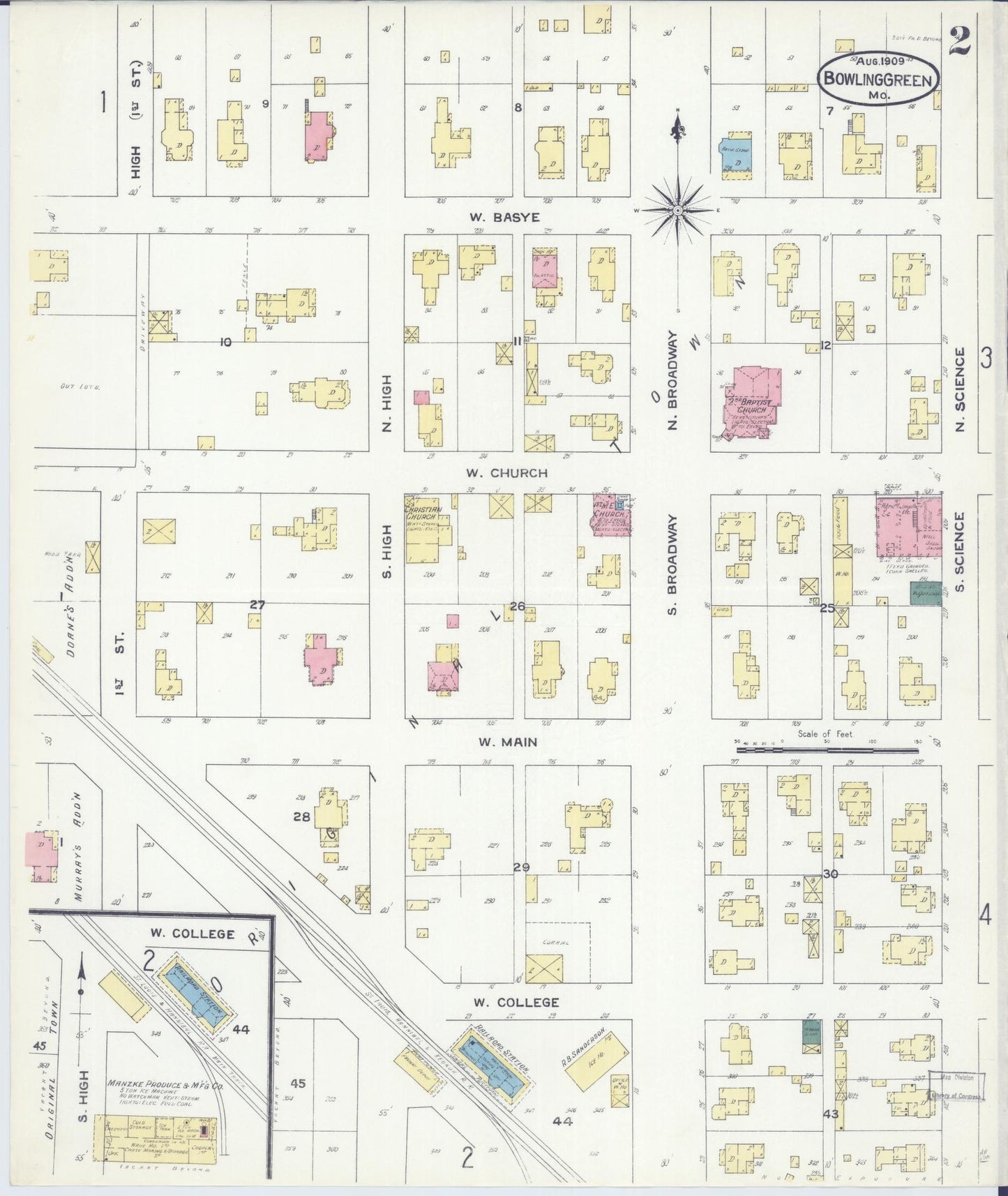 Sanborn Fire Insurance Map from Bowling Green, Pike County, Missouri (1909), Sheet #0002 - Complete Map Set gallery image, historic Sanborn map, vintage wall art, Missouri Missouri