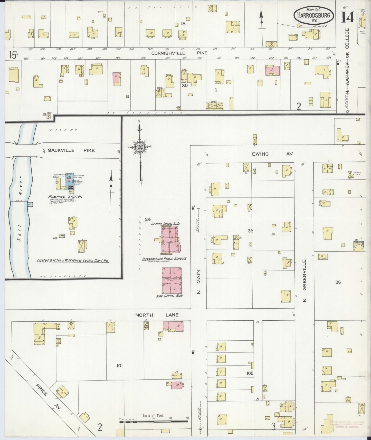 Sanborn Fire Insurance Map from Harrodsburg, Mercer County, Kentucky (1914), Sheet #0014 - Historic Sanborn Fire Insurance Map Print, vintage old map wall art, antique decor, genealogy gift, Kentucky Kentucky map