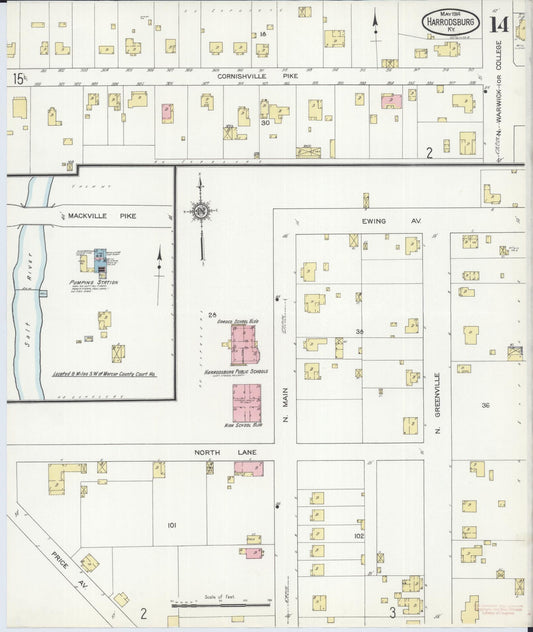 Sanborn Fire Insurance Map from Harrodsburg, Mercer County, Kentucky (1914), Sheet #0014 - Historic Sanborn Fire Insurance Map Print, vintage old map wall art, antique decor, genealogy gift, Kentucky Kentucky map