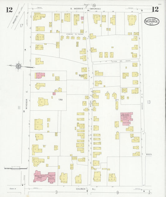 Sanborn Fire Insurance Map from Monroe, Union County, North Carolina (1930), Sheet #0012 - Historic Sanborn Fire Insurance Map Print, vintage old map wall art, antique decor, genealogy gift, North Carolina North Carolina map