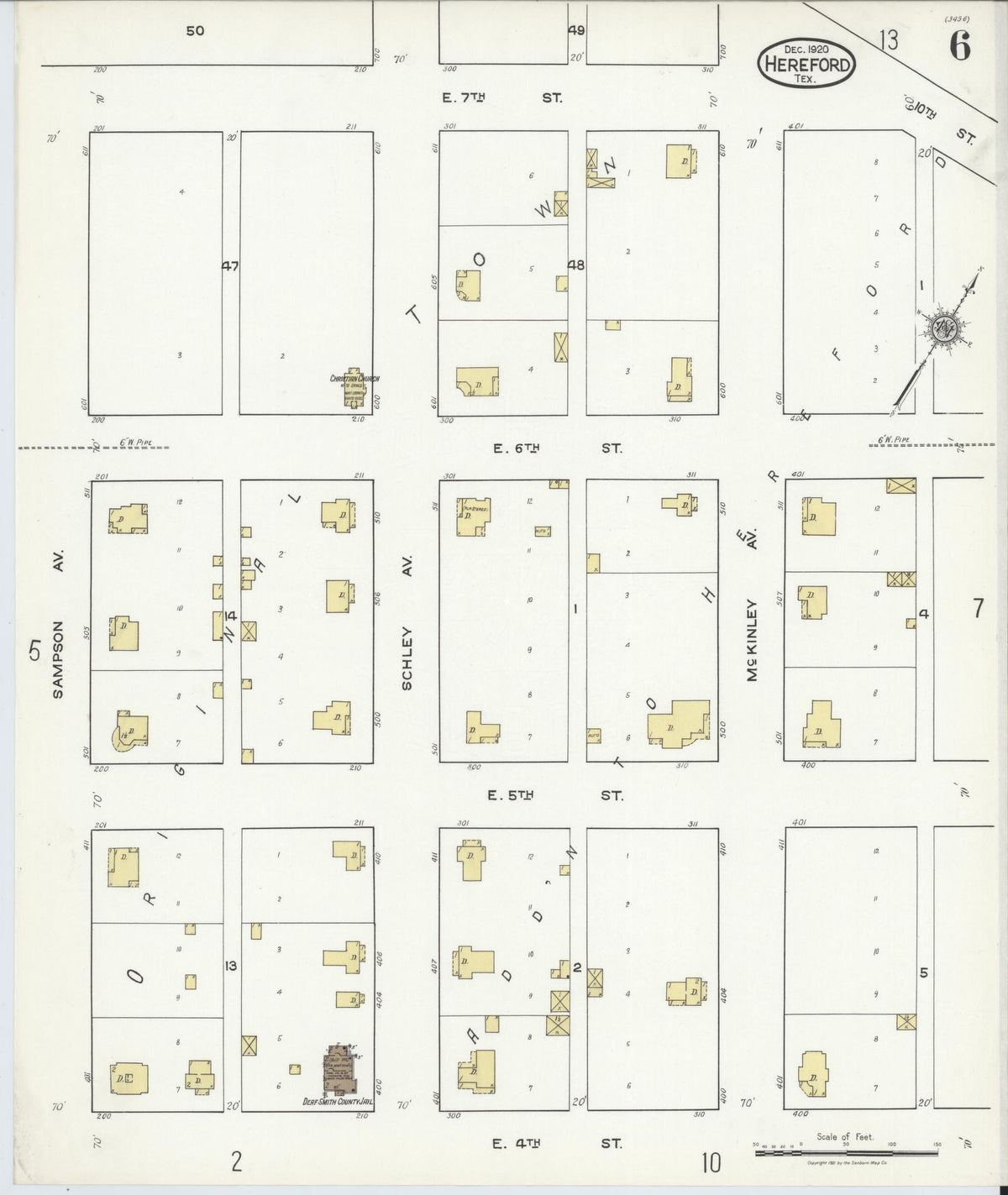 Sanborn Fire Insurance Map from Hereford, Deaf Smith County, Texas (1920), Sheet #0006 - Historic Sanborn Fire Insurance Map Print, vintage old map wall art, antique decor, genealogy gift, Texas Texas map
