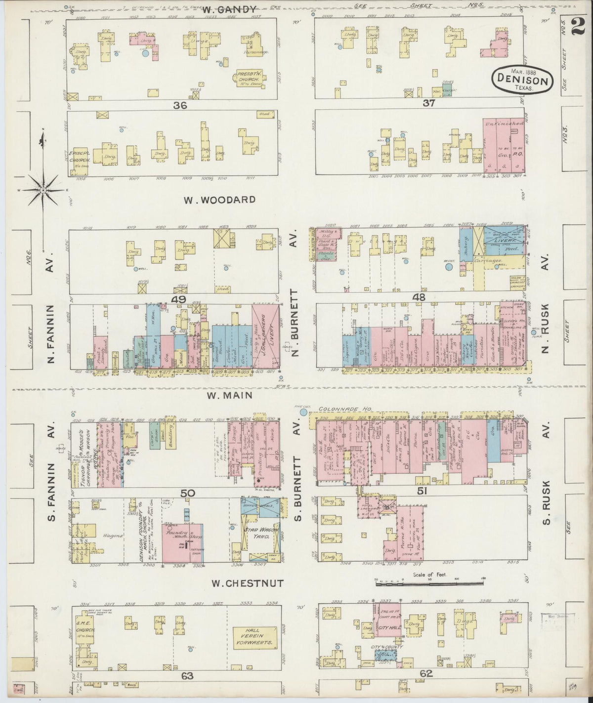 Sanborn Fire Insurance Map from Denison, Grayson County, Texas (1888), Sheet #0002 - Historic Sanborn Fire Insurance Map Print, vintage old map wall art, antique decor, genealogy gift, Texas Texas map