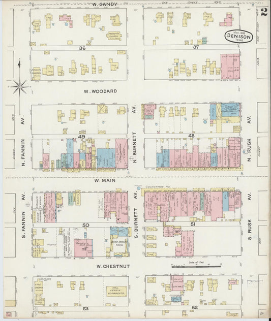 Sanborn Fire Insurance Map from Denison, Grayson County, Texas (1888), Sheet #0002 - Historic Sanborn Fire Insurance Map Print, vintage old map wall art, antique decor, genealogy gift, Texas Texas map