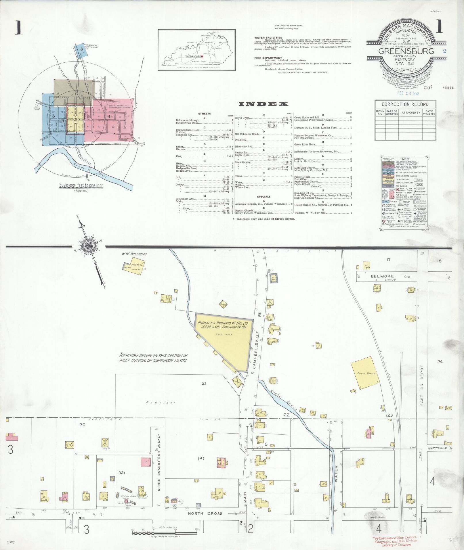 Sanborn Fire Insurance Map from Greensburg, Green County, Kentucky (1941), Sheet #0001 - Complete Map Set gallery image, historic Sanborn map, vintage wall art, Kentucky Kentucky
