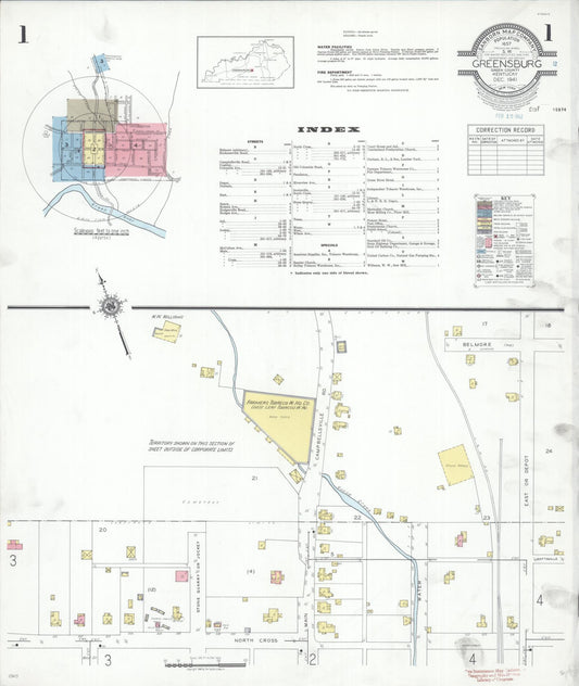 Sanborn Fire Insurance Map from Greensburg, Green County, Kentucky (1941), Sheet #0001 - Complete Map Set gallery image, historic Sanborn map, vintage wall art, Kentucky Kentucky