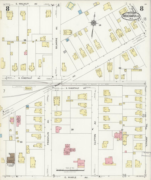 Sanborn Fire Insurance Map from Merchantville, Camden County, New Jersey (1925), Sheet #0008 - Historic Sanborn Fire Insurance Map Print, vintage old map wall art, antique decor, genealogy gift, New Jersey New Jersey map