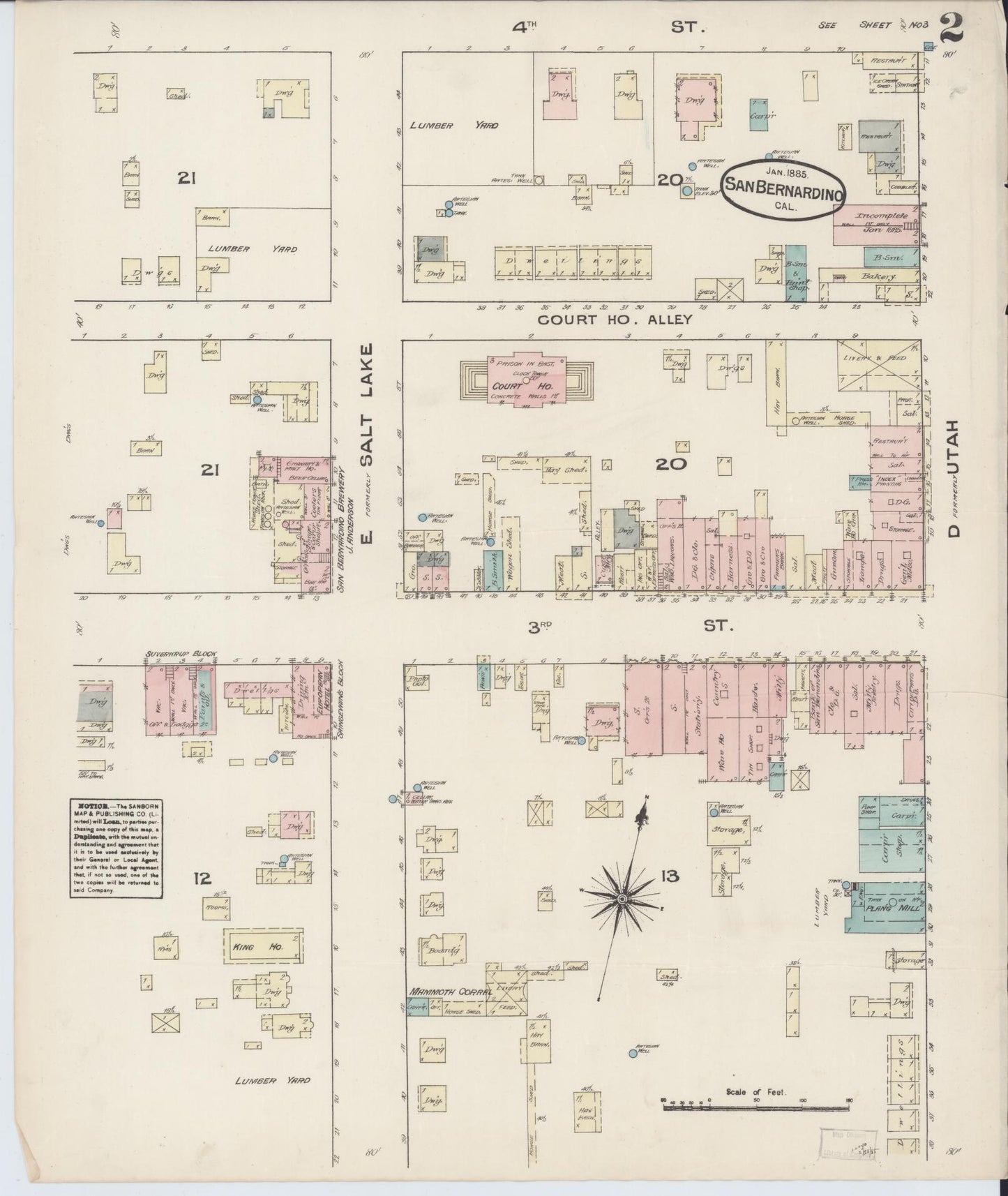 Sanborn Fire Insurance Map from San Bernardino, San Bernardino County, California (1885), Sheet #0002 - Complete Map Set gallery image, historic Sanborn map, vintage wall art, California California