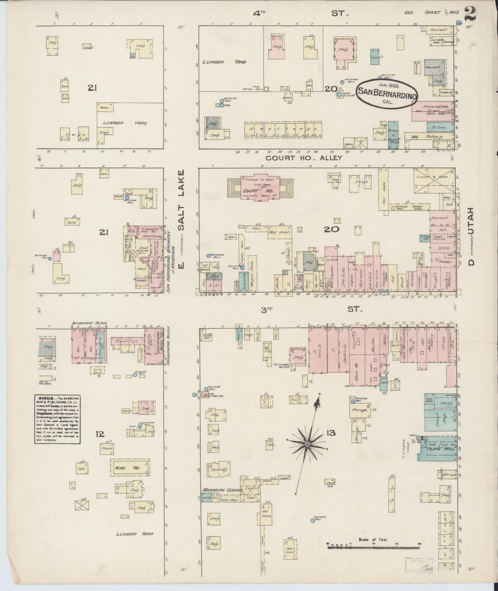Sanborn Fire Insurance Map from San Bernardino, San Bernardino County, California (1885), Sheet #0002 - Complete Map Set gallery image, historic Sanborn map, vintage wall art, California California