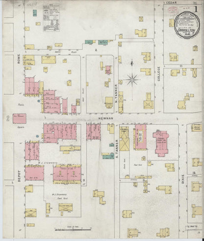 Sanborn Fire Insurance Map from Carrollton, Carroll County, Georgia (1895), Sheet #0001 - Complete Map Set gallery image, historic Sanborn map, vintage wall art, Georgia Georgia