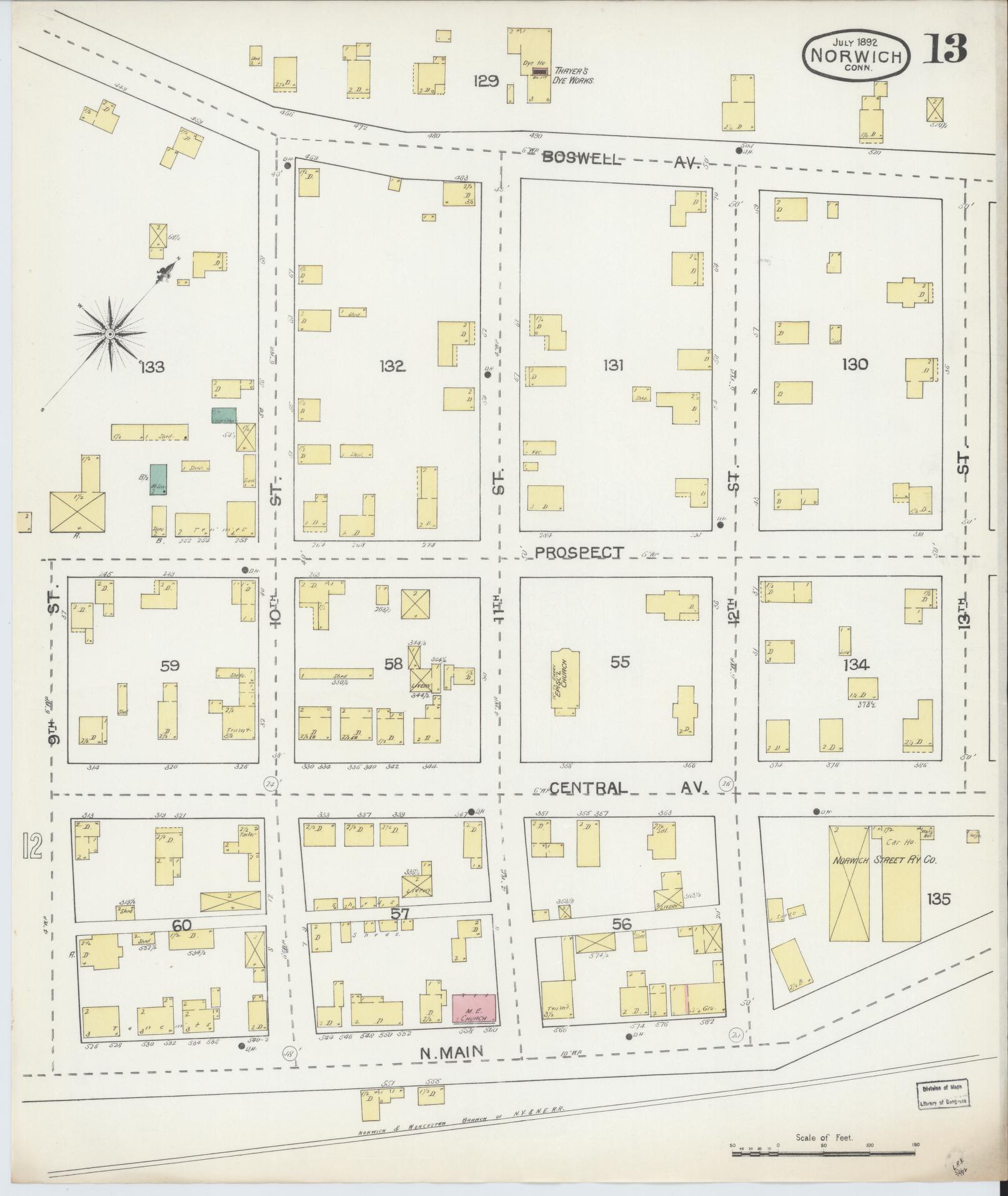Sanborn Fire Insurance Map from Norwich, New London County, Connecticut (1892), Sheet #0013 - Historic Sanborn Fire Insurance Map Print, vintage old map wall art, antique decor, genealogy gift, Connecticut Connecticut map