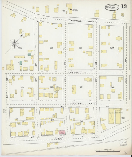 Sanborn Fire Insurance Map from Norwich, New London County, Connecticut (1892), Sheet #0013 - Historic Sanborn Fire Insurance Map Print, vintage old map wall art, antique decor, genealogy gift, Connecticut Connecticut map