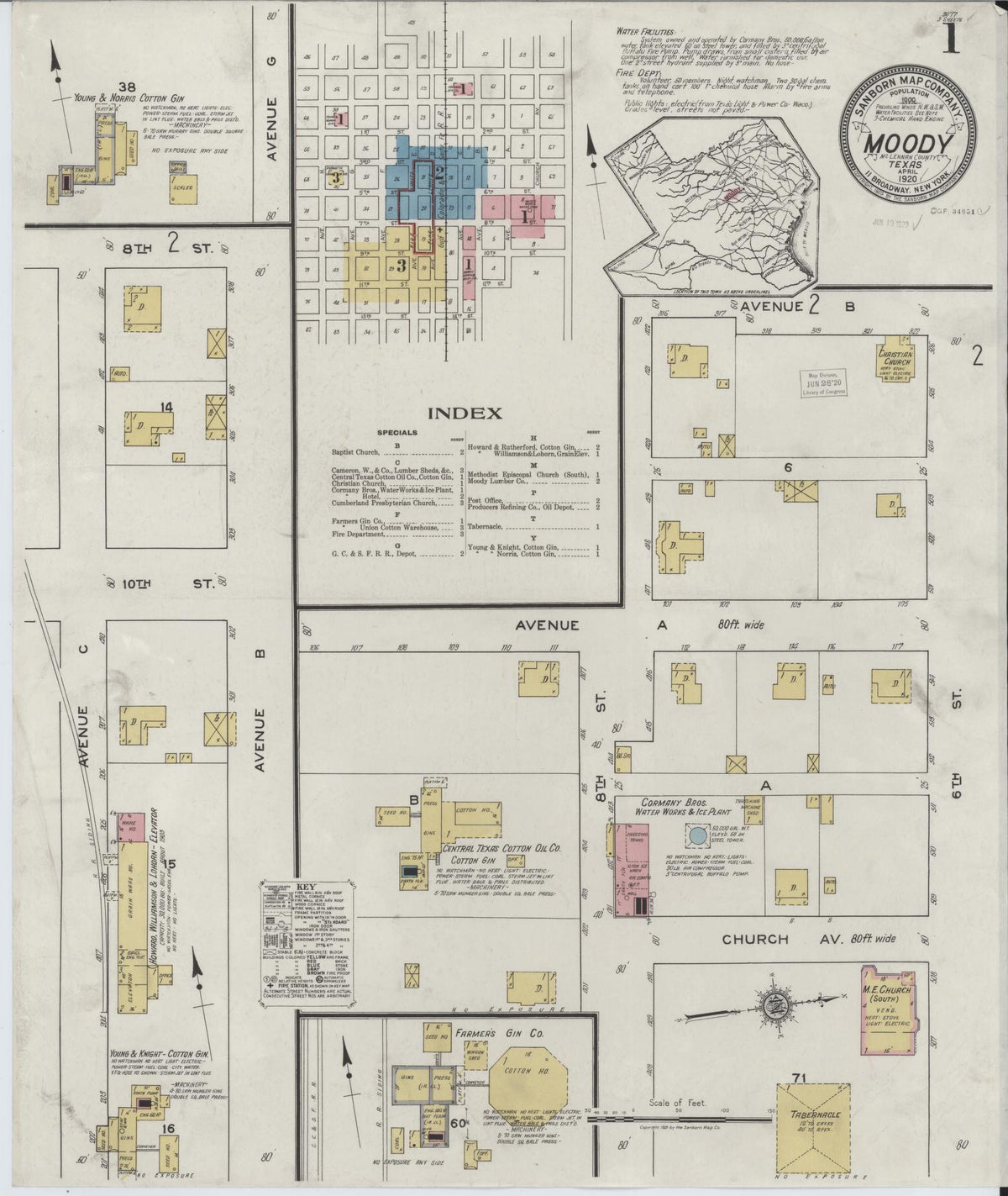 Sanborn Fire Insurance Map from Moody, McLennan County, Texas (1920), Sheet #0001 - Complete Map Set gallery image, historic Sanborn map, vintage wall art, Texas Texas