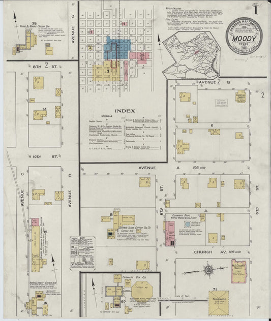 Sanborn Fire Insurance Map from Moody, McLennan County, Texas (1920), Sheet #0001 - Complete Map Set gallery image, historic Sanborn map, vintage wall art, Texas Texas