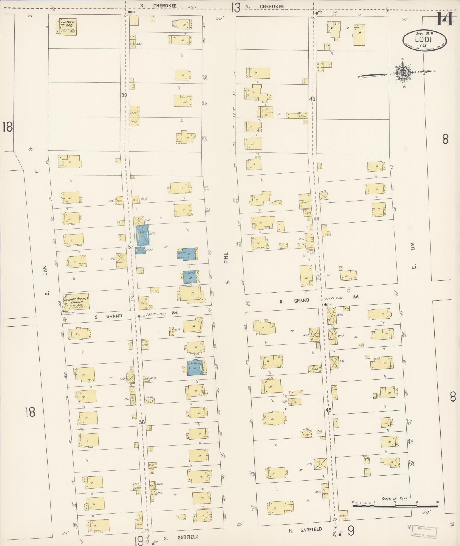 Sanborn Fire Insurance Map from Lodi, San Joaquin County, California (1916), Sheet #0014 - Historic Sanborn Fire Insurance Map Print, vintage old map wall art, antique decor, genealogy gift, California California map