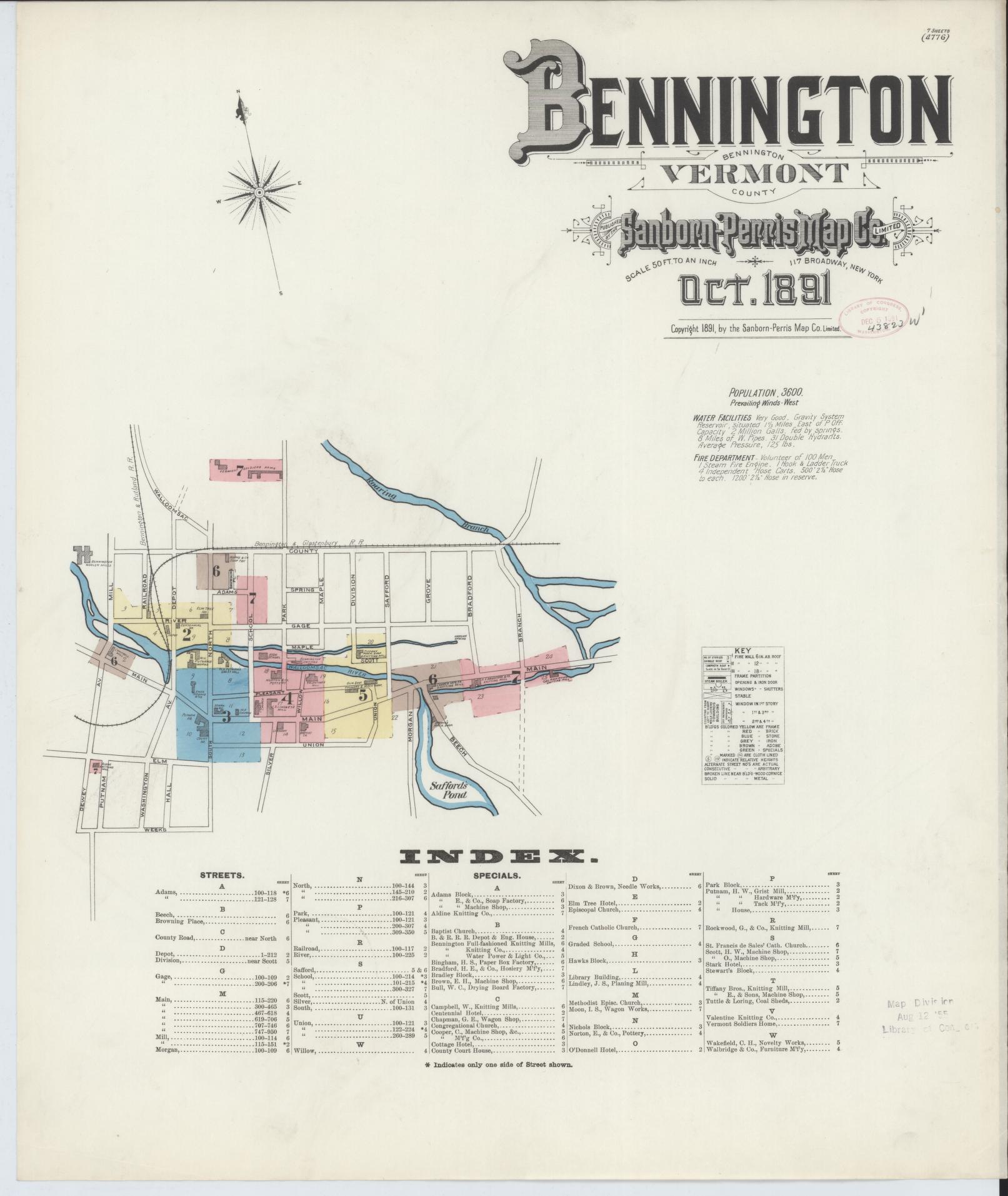 Sanborn Fire Insurance Map from Bennington, Bennington County, Vermont (1891), Sheet #0001 - Complete Map Set gallery image, historic Sanborn map, vintage wall art, Vermont Vermont