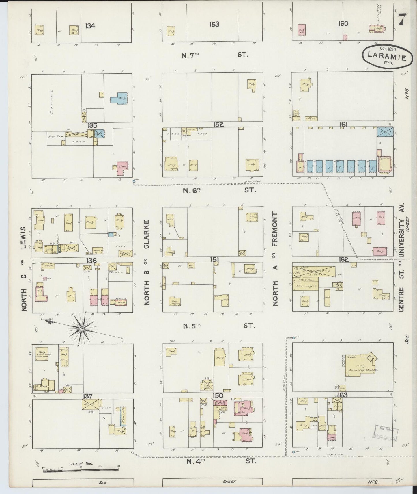 Sanborn Fire Insurance Map from Laramie, Albany County, Wyoming (1890), Sheet #0007 - Historic Sanborn Fire Insurance Map Print, vintage old map wall art, antique decor, genealogy gift, Wyoming Wyoming map
