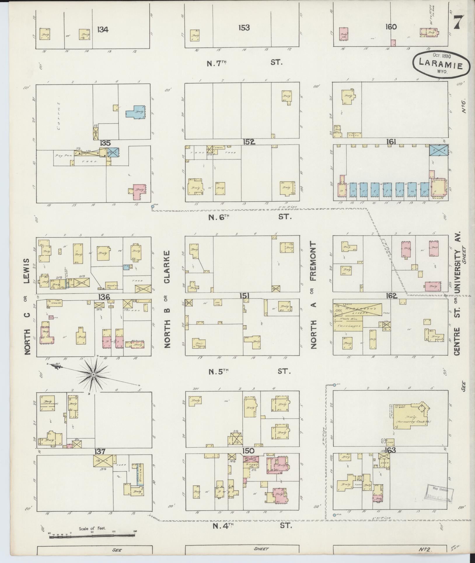 Sanborn Fire Insurance Map from Laramie, Albany County, Wyoming (1890), Sheet #0007 - Historic Sanborn Fire Insurance Map Print, vintage old map wall art, antique decor, genealogy gift, Wyoming Wyoming map