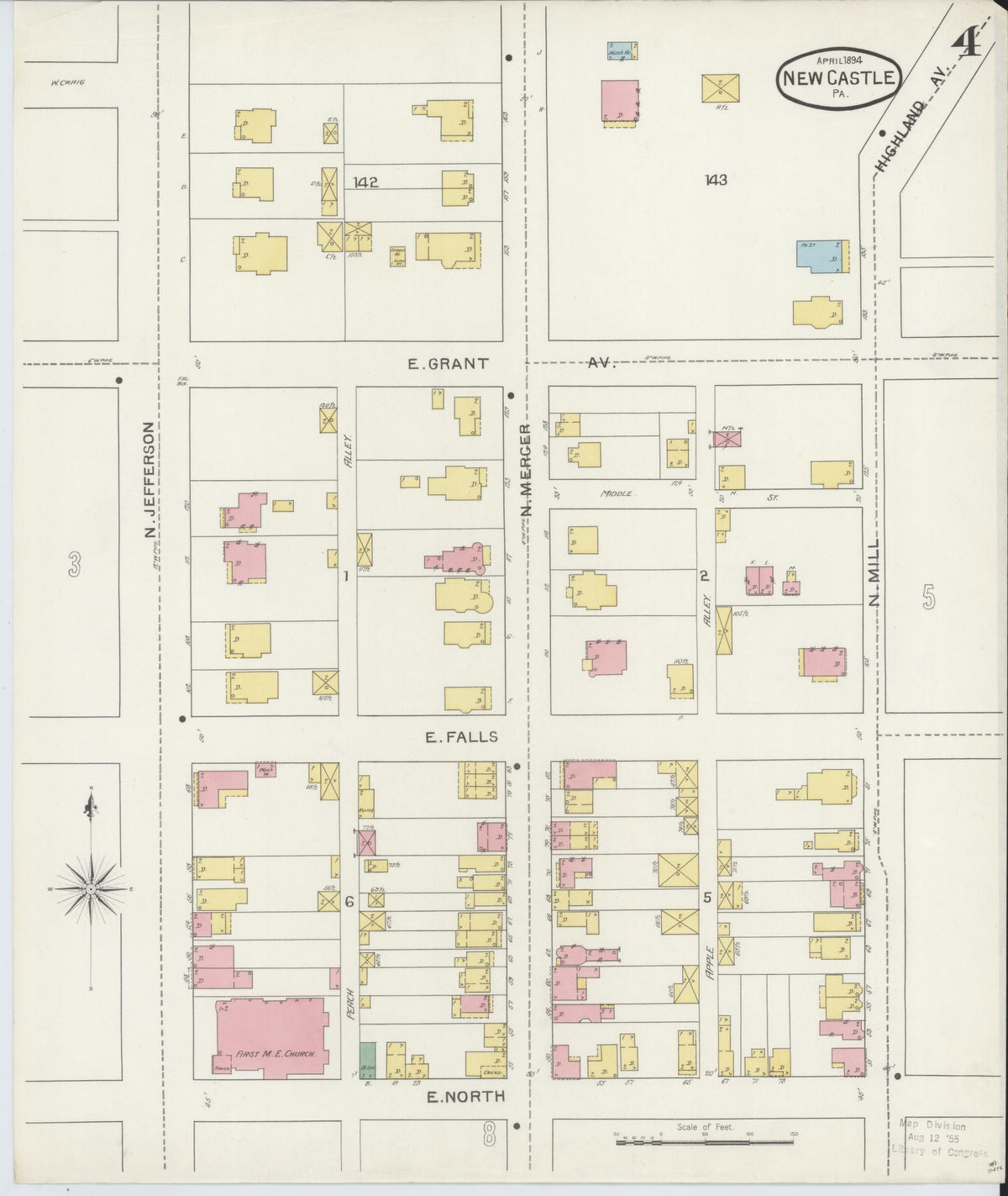 Sanborn Fire Insurance Map from New Castle, Lawrence County, Pennsylvania (1894), Sheet #0004 - Historic Sanborn Fire Insurance Map Print, vintage old map wall art, antique decor, genealogy gift, Pennsylvania Pennsylvania map