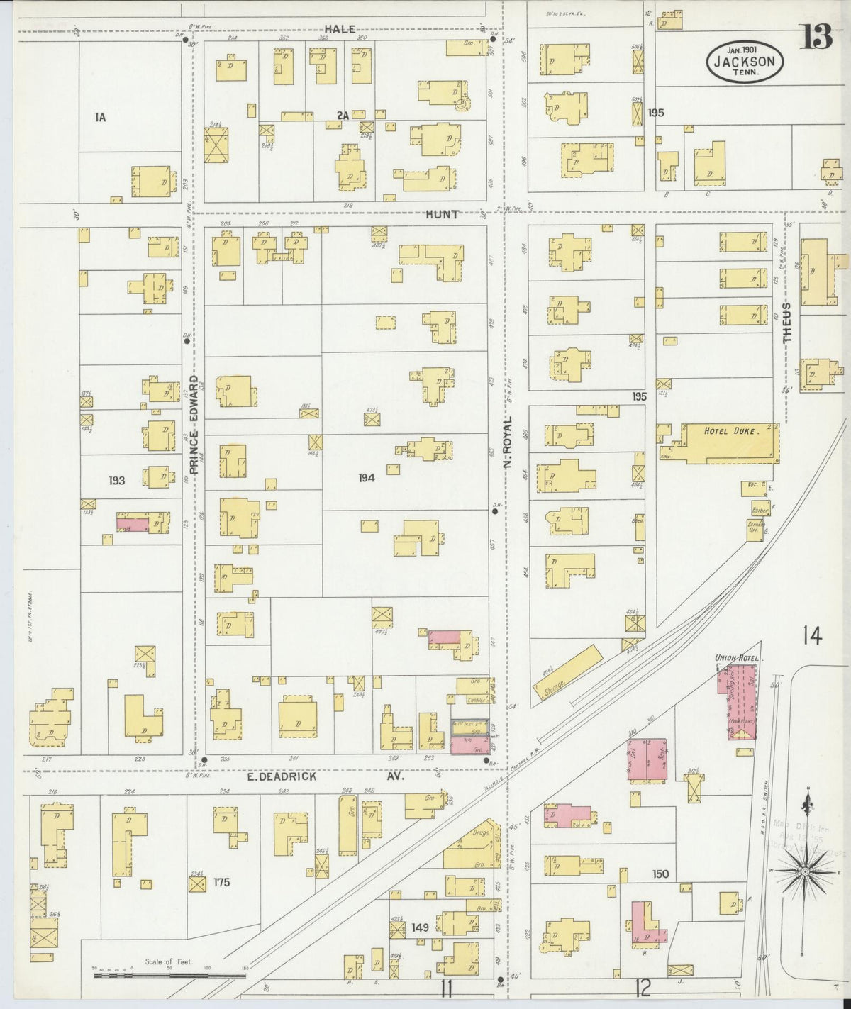 Sanborn Fire Insurance Map from Jackson, Madison County, Tennessee (1901), Sheet #0013 - Complete Map Set gallery image, historic Sanborn map, vintage wall art, Tennessee Tennessee