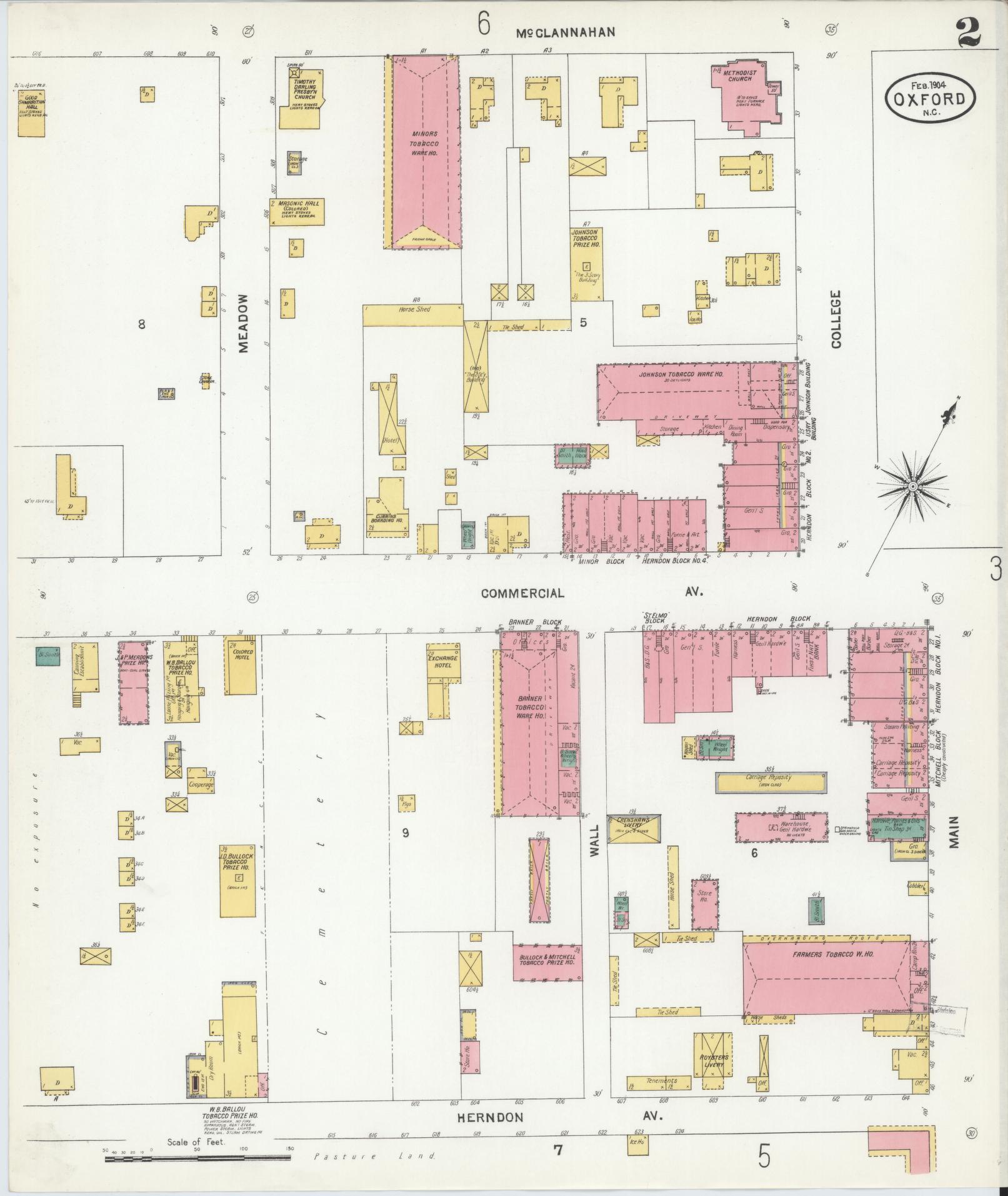 Sanborn Fire Insurance Map from Oxford, Granville County, North Carolina (1904), Sheet #0002 - Complete Map Set gallery image, historic Sanborn map, vintage wall art, North Carolina North Carolina