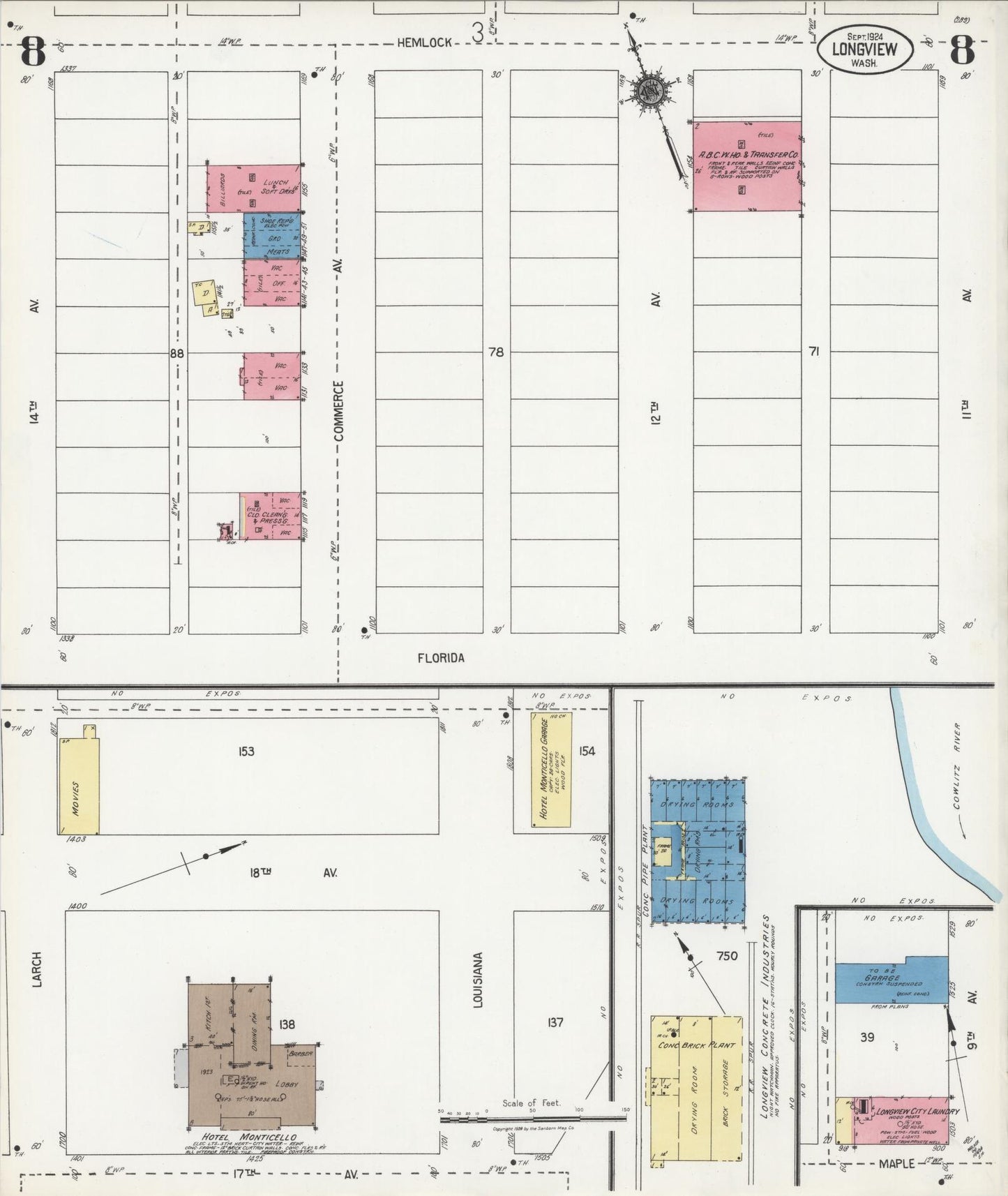 Sanborn Fire Insurance Map from Longview, Cowlitz County, Washington (1924), Sheet #0008 - Historic Sanborn Fire Insurance Map Print, vintage old map wall art, antique decor, genealogy gift, Washington Washington map