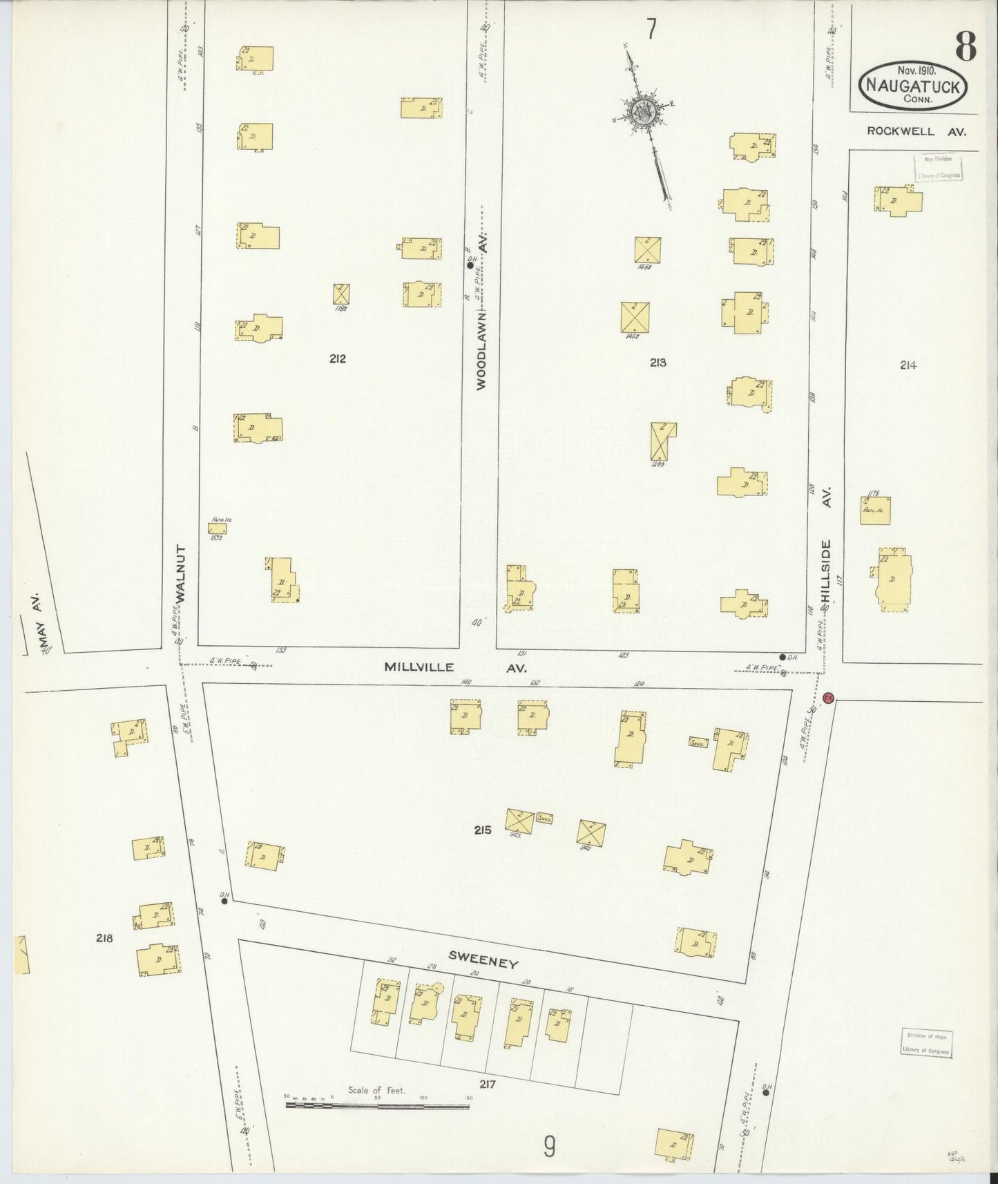 Sanborn Fire Insurance Map from Naugatuck, New Haven County, Connecticut (1910), Sheet #0008 - Historic Sanborn Fire Insurance Map Print, vintage old map wall art, antique decor, genealogy gift, Connecticut Connecticut map