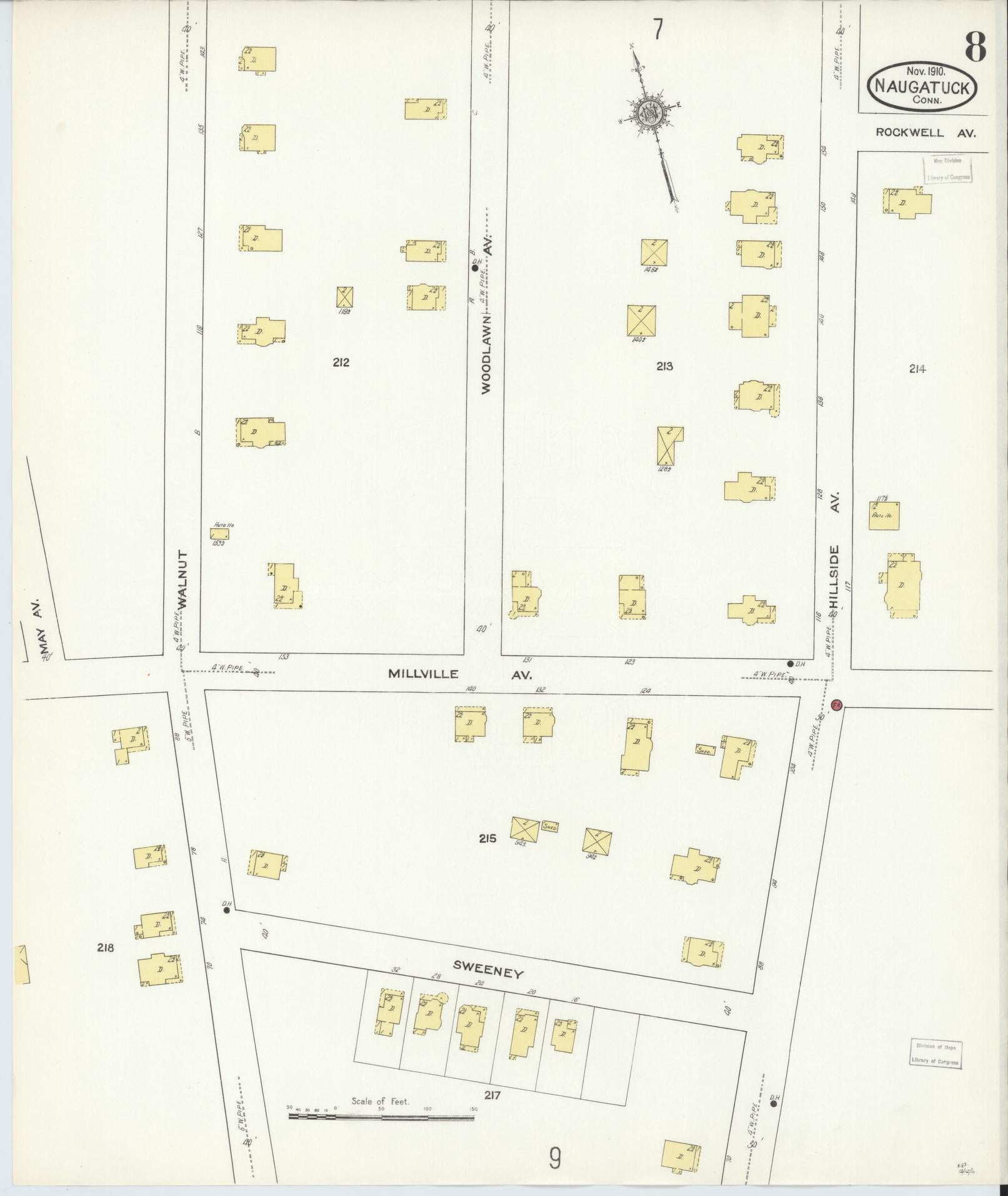 Sanborn Fire Insurance Map from Naugatuck, New Haven County, Connecticut (1910), Sheet #0008 - Historic Sanborn Fire Insurance Map Print, vintage old map wall art, antique decor, genealogy gift, Connecticut Connecticut map