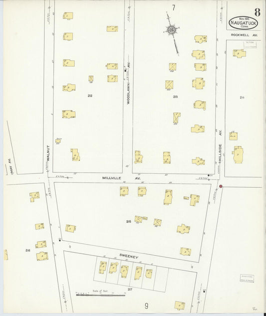 Sanborn Fire Insurance Map from Naugatuck, New Haven County, Connecticut (1910), Sheet #0008 - Historic Sanborn Fire Insurance Map Print, vintage old map wall art, antique decor, genealogy gift, Connecticut Connecticut map