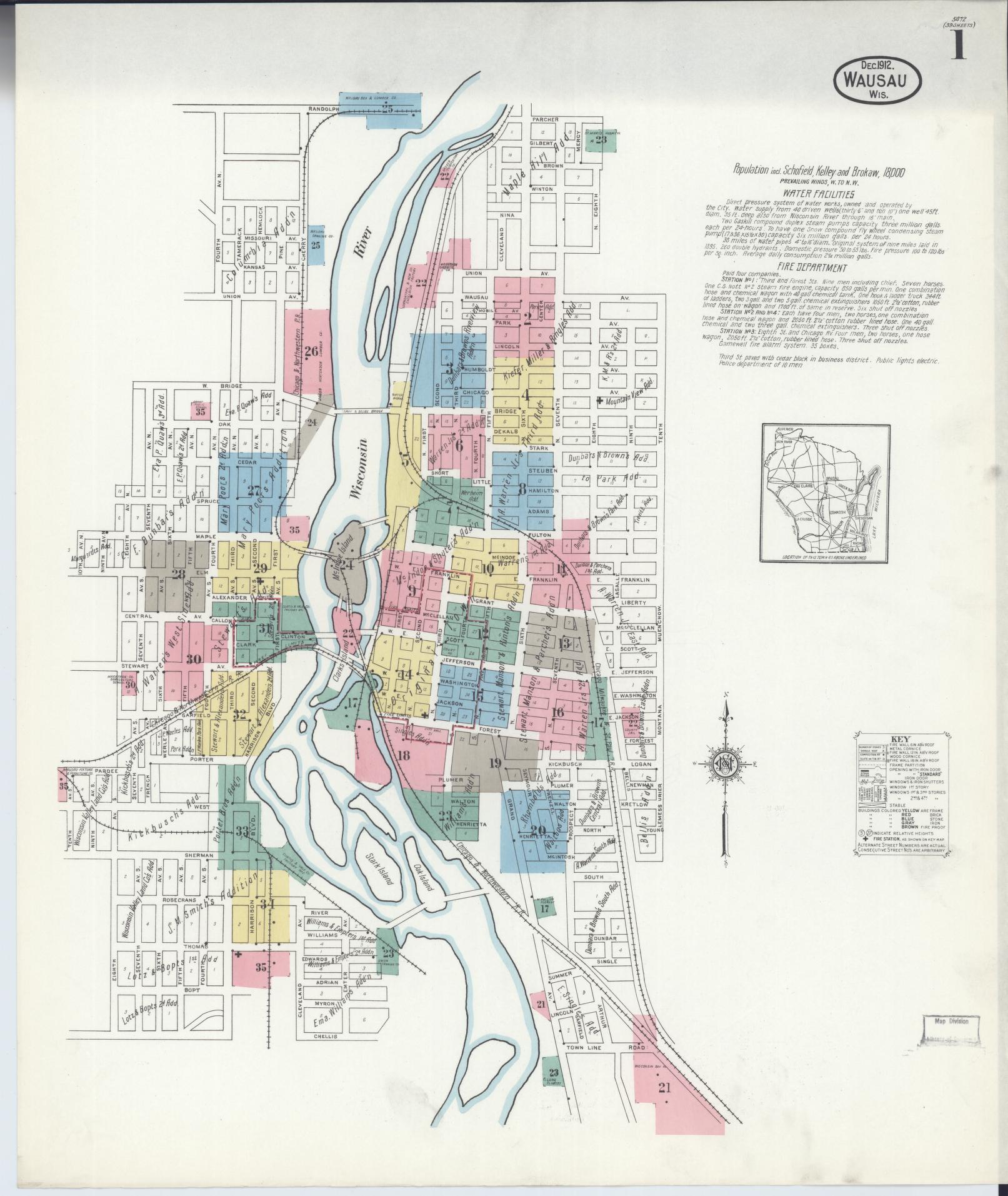 Sanborn Fire Insurance Map from Wausau, Marathon County, Wisconsin (1912), Sheet #0001 - Historic Sanborn Fire Insurance Map Print, vintage old map wall art, antique decor, genealogy gift, Wisconsin Wisconsin map