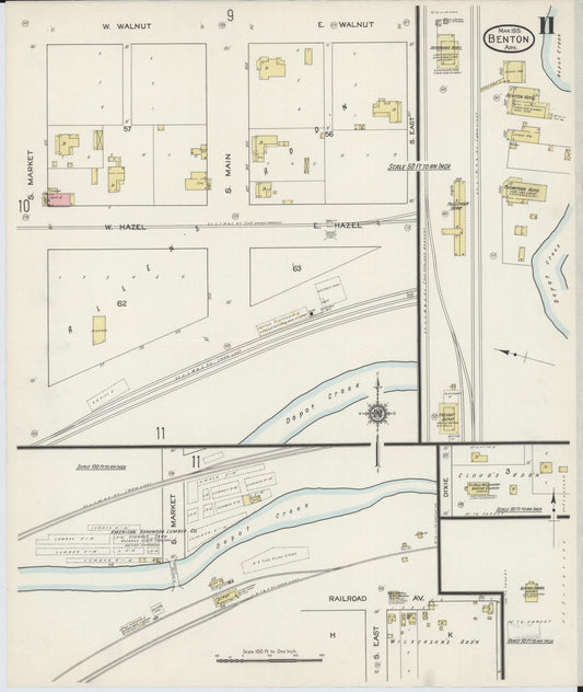 Sanborn Fire Insurance Map from Benton, Saline County, Arkansas (1915), Sheet #0011 - Historic Sanborn Fire Insurance Map Print, vintage old map wall art, antique decor, genealogy gift, Arkansas Arkansas map