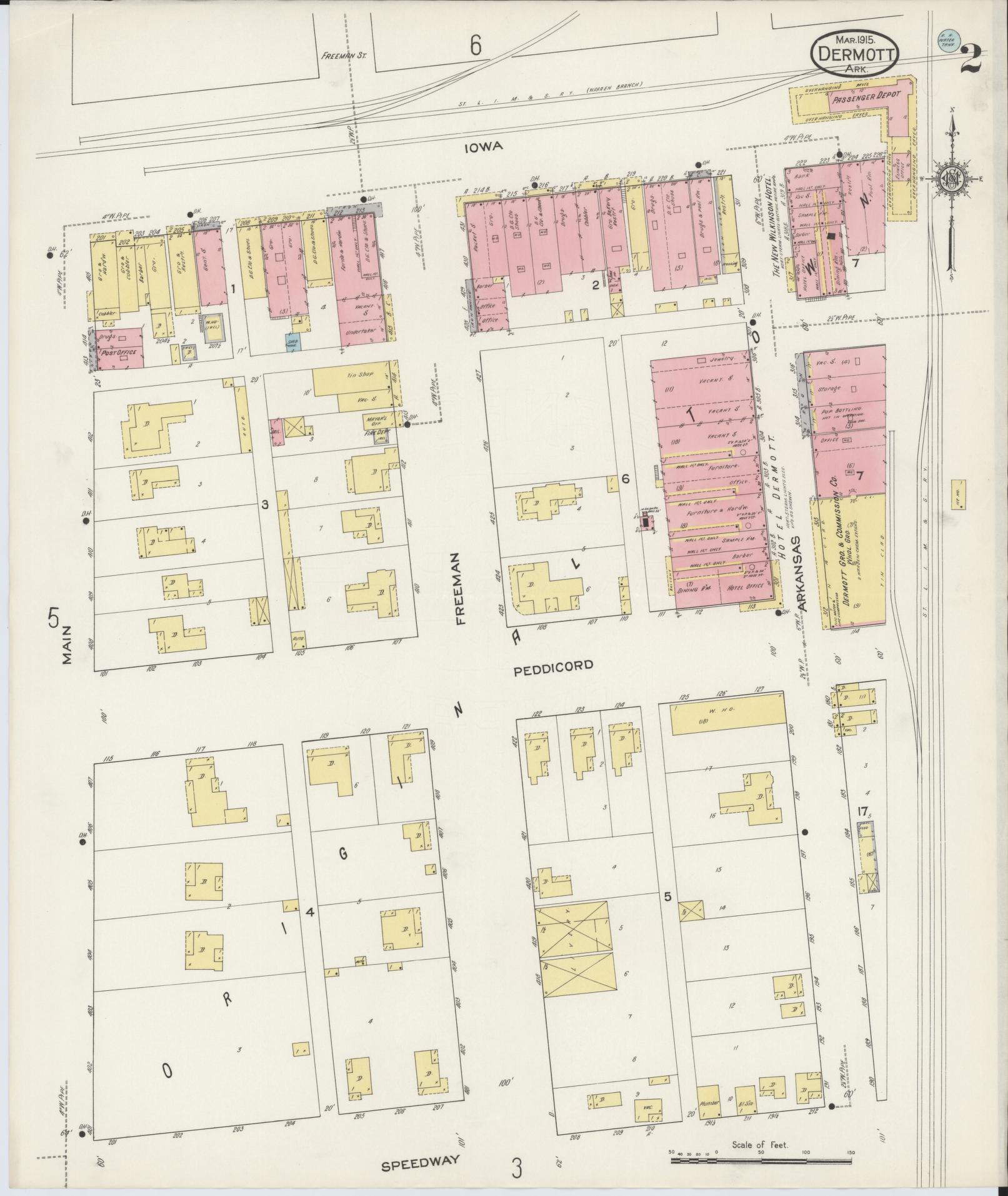 Sanborn Fire Insurance Map from Dermott, Chicot County, Arkansas (1915), Sheet #0002 - Historic Sanborn Fire Insurance Map Print, vintage old map wall art, antique decor, genealogy gift, Arkansas Arkansas map