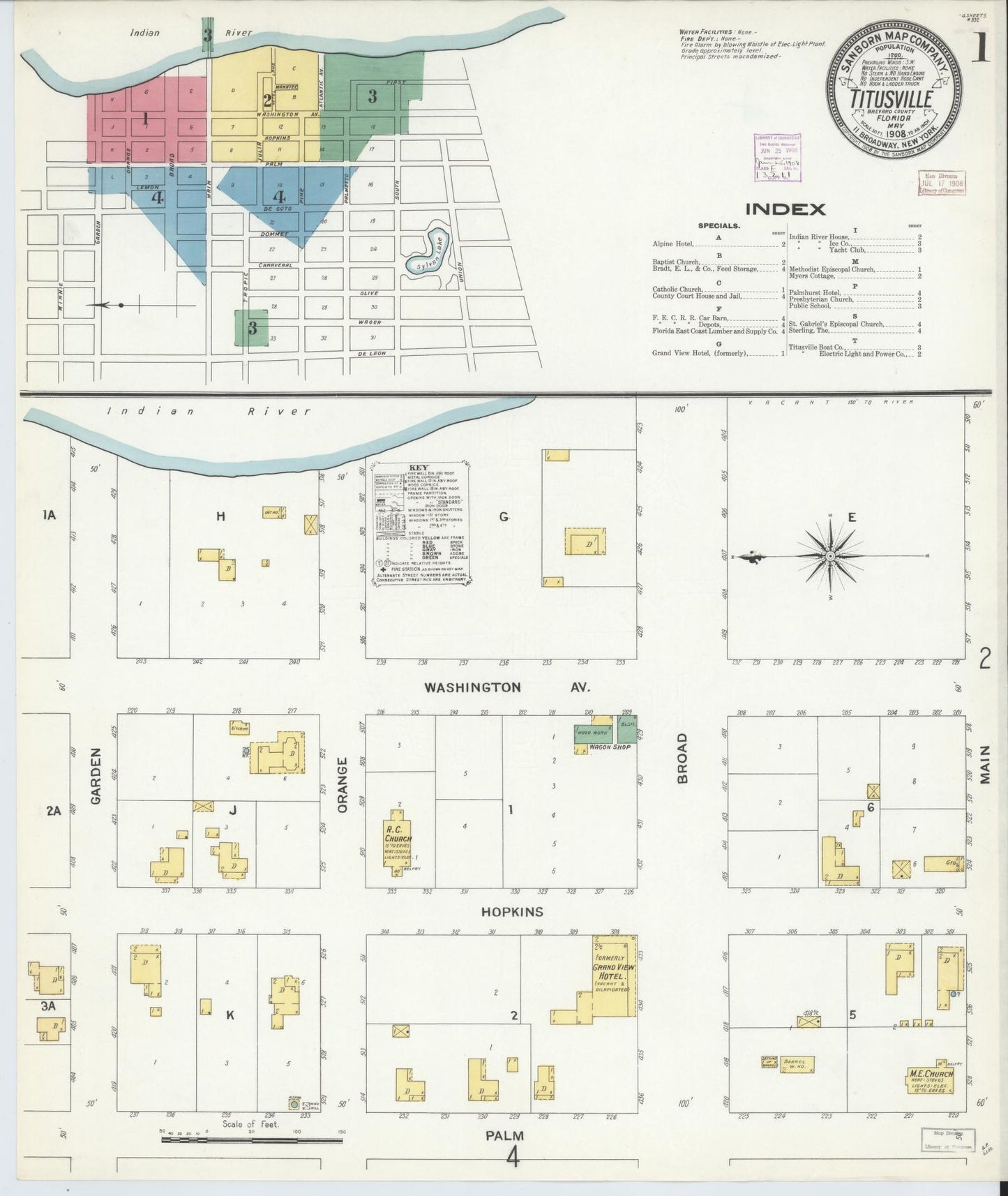 Sanborn Fire Insurance Map from Titusville, Brevard County, Florida (1908), Sheet #0001 - Complete Map Set gallery image, historic Sanborn map, vintage wall art, Florida Florida