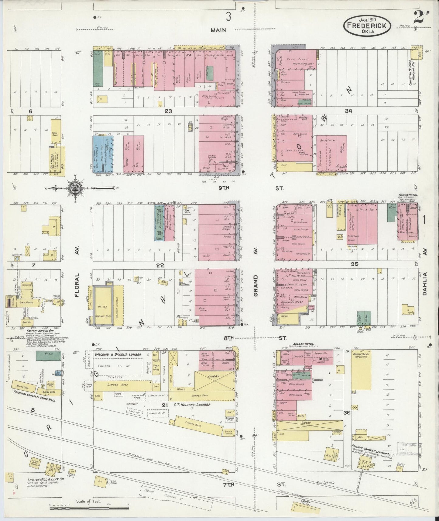 Sanborn Fire Insurance Map from Frederick, Tillman County, Oklahoma (1910), Sheet #0002 - Complete Map Set gallery image, historic Sanborn map, vintage wall art, Oklahoma Oklahoma