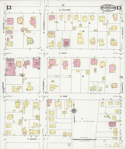 Sanborn Fire Insurance Map from Murfreesboro, Rutherford County, Tennessee (1924), Sheet #0013 - Complete Map Set gallery image, historic Sanborn map, vintage wall art, Tennessee Tennessee