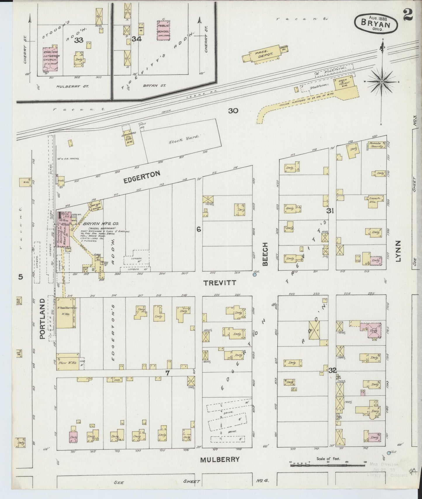Sanborn Fire Insurance Map from Bryan, Williams County, Ohio (1888), Sheet #0002 - Historic Sanborn Fire Insurance Map Print, vintage old map wall art, antique decor, genealogy gift, Ohio Ohio map