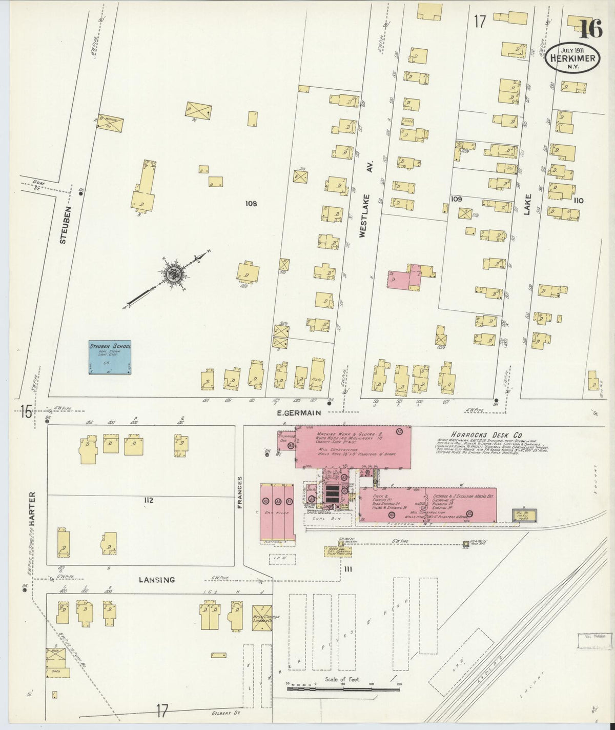 Sanborn Fire Insurance Map from Herkimer, Herkimer County, New York (1911), Sheet #0016 - Historic Sanborn Fire Insurance Map Print, vintage old map wall art, antique decor, genealogy gift, New York New York map