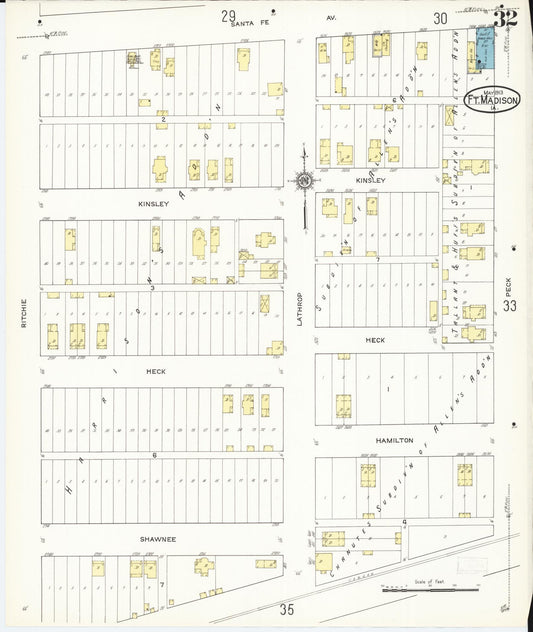 Sanborn Fire Insurance Map from Fort Madison, Lee County, Iowa (1913), Sheet #0032 - Historic Sanborn Fire Insurance Map Print, vintage old map wall art