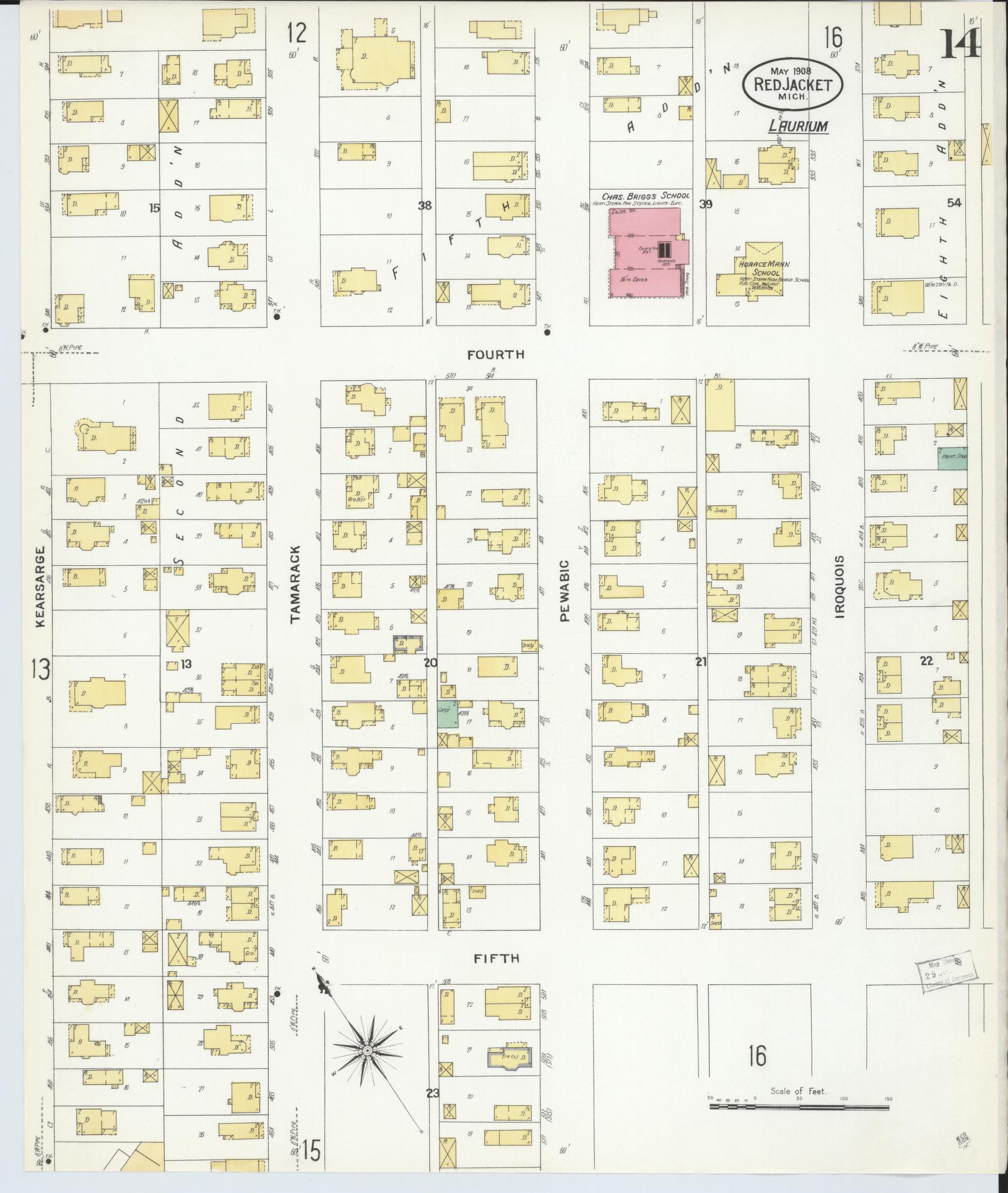 Sanborn Fire Insurance Map from Red Jacket, Houghton County, Michigan (1908), Sheet #0014 - Complete Map Set gallery image, historic Sanborn map, vintage wall art, Michigan Michigan