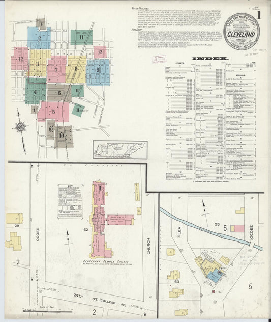 Sanborn Fire Insurance Map from Cleveland, Bradley County, Tennessee (1912), Sheet #0001 - Complete Map Set gallery image, historic Sanborn map, vintage wall art, Tennessee Tennessee