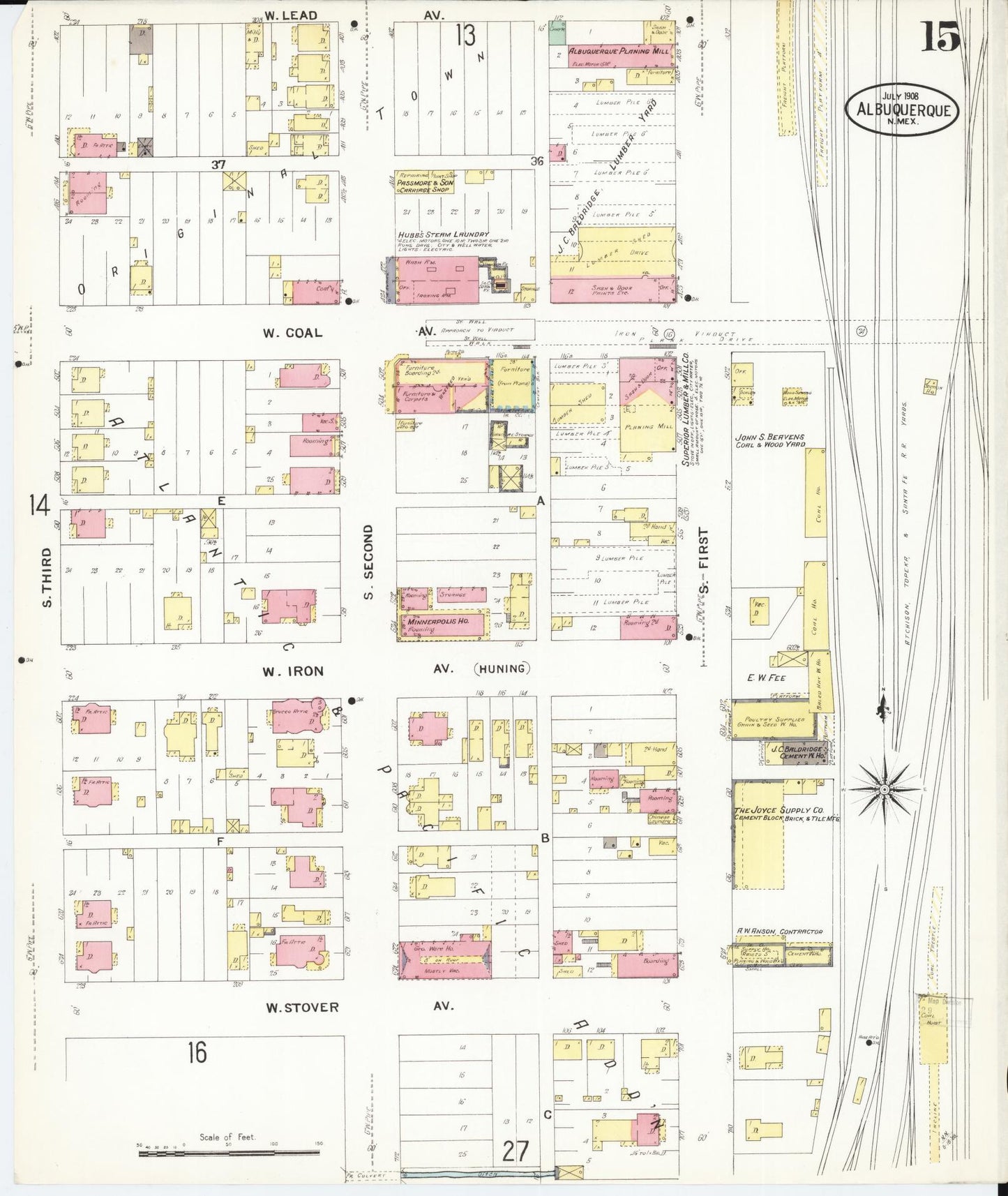 Sanborn Fire Insurance Map from Albuquerque, Bernalillo County, New Mexico (1908), Sheet #0015 - Historic Sanborn Fire Insurance Map Print, vintage old map wall art, antique decor, genealogy gift, New Mexico New Mexico map