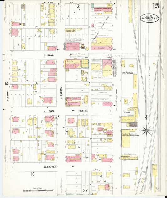 Sanborn Fire Insurance Map from Albuquerque, Bernalillo County, New Mexico (1908), Sheet #0015 - Historic Sanborn Fire Insurance Map Print, vintage old map wall art, antique decor, genealogy gift, New Mexico New Mexico map