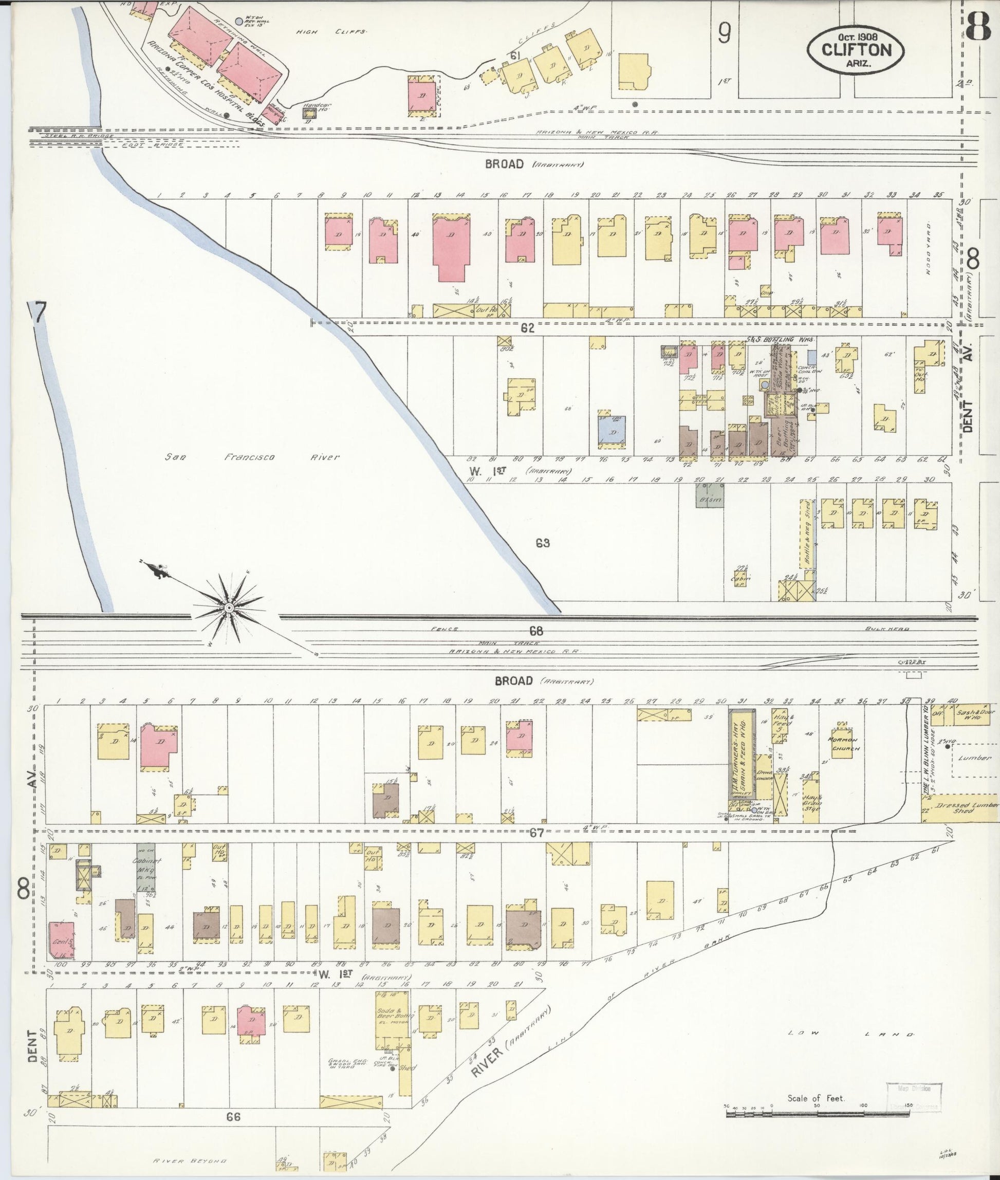 Sanborn Fire Insurance Map from Clifton, Greenlee County, Arizona (1908), Sheet #0008 - Complete Map Set gallery image, historic Sanborn map, vintage wall art, Arizona Arizona