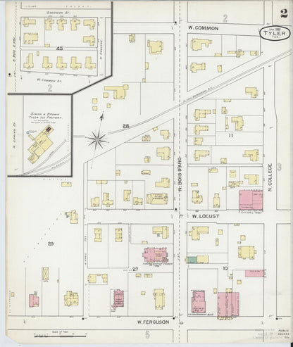 Sanborn Fire Insurance Map from Tyler, Smith County, Texas (1893), Sheet #0002 - Historic Sanborn Fire Insurance Map Print, vintage old map wall art, antique decor, genealogy gift, Texas Texas map