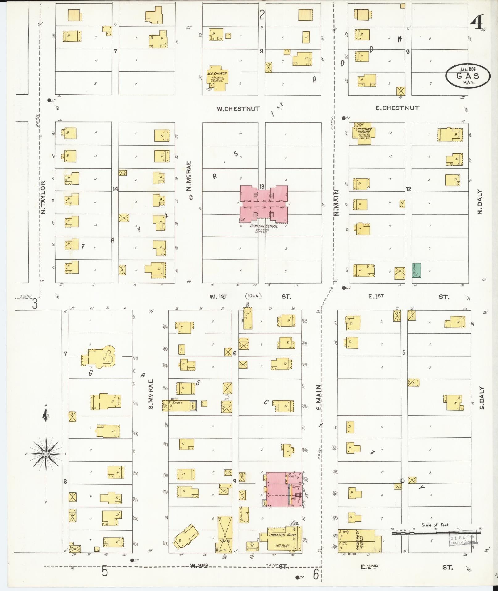 Sanborn Fire Insurance Map from Gas, Allen County, Kansas (1906), Sheet #0004 - Historic Sanborn Fire Insurance Map Print, vintage old map wall art, antique decor, genealogy gift, Kansas Kansas map