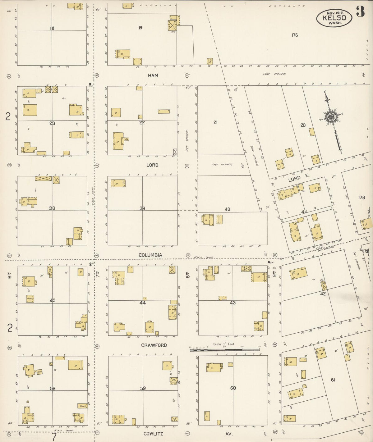 Sanborn Fire Insurance Map from Kelso, Cowlitz County, Washington (1912), Sheet #0003 - Historic Sanborn Fire Insurance Map Print, vintage old map wall art, antique decor, genealogy gift, Washington Washington map